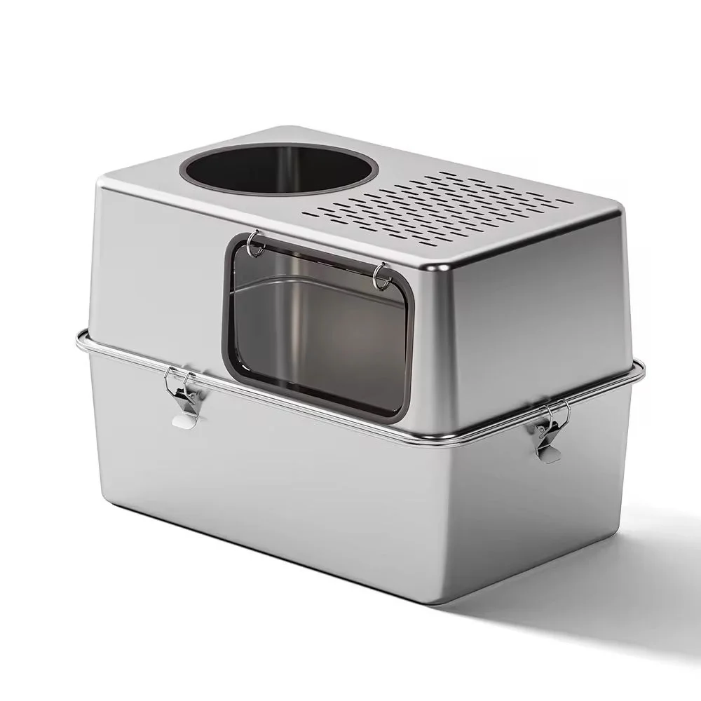 

@# Large Stainless Steel Kitty Litter Box Anti-splash Fully Closed Detachable Easy Clean Dual-purpose Cat Toilet Pet Supplies