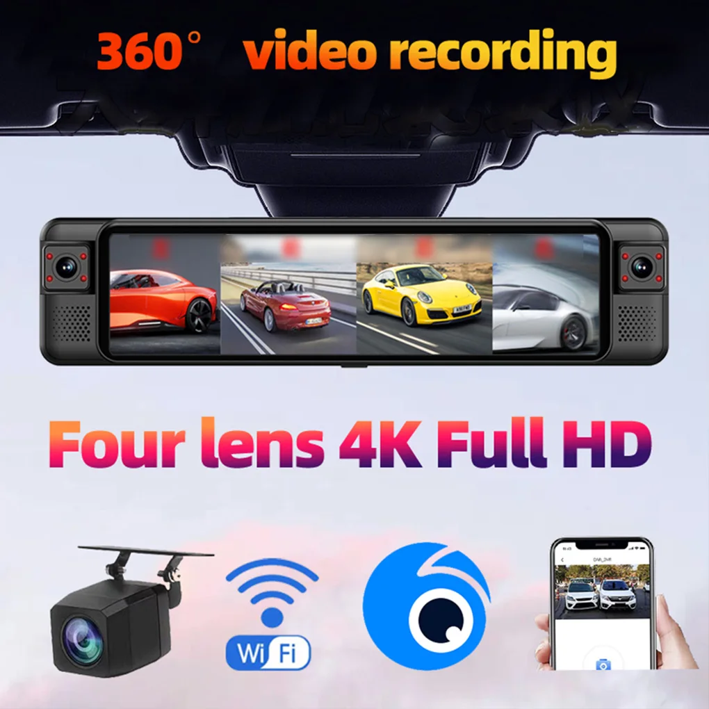 12 بوصة تعمل باللمس 4K HD كاميرا داش سيارة كام شاشة لموقف السيارات سيارة مرآة الرؤية الخلفية 4-تسجيل دعم BSD/ADAS/G-الاستشعار/APP واي فاي