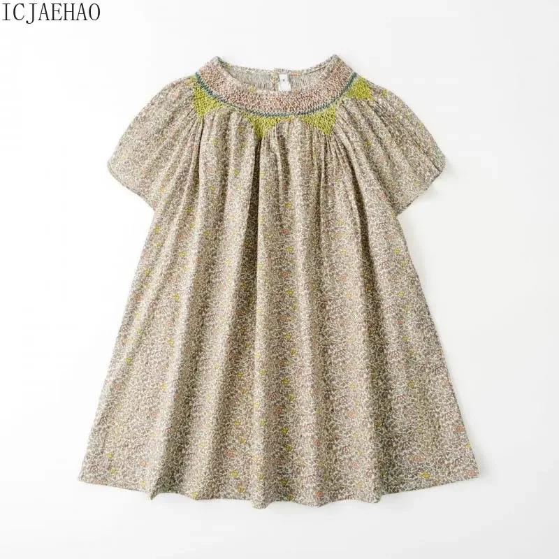 2024 Vintage Summer Dress For Baby Girls Kids Smocked A-Line Casual Loose One-Piece Dresses Children Floral Embroidery Clothing