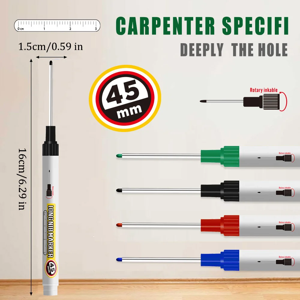 

Маркер масляный 4-х цветный, длиной 45 мм, соответствует требованиям маркировки для глубоких отверстий и зазоров при работе с деревом, не стирается.