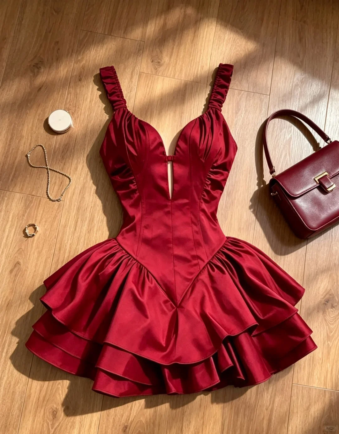 

Summer Elegant Princess Sexy Red Spaghetti Strap Corset Tiered Ruffle Mini Dress Women Sweetheart Neck Party Clubwear Daily Wear