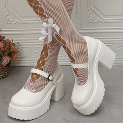 White Platform High Heels Pumps Women Patent Leather Chunky Heeled Mary Jane Shoes Woman Round Toe Buckle Strap Student Shoes