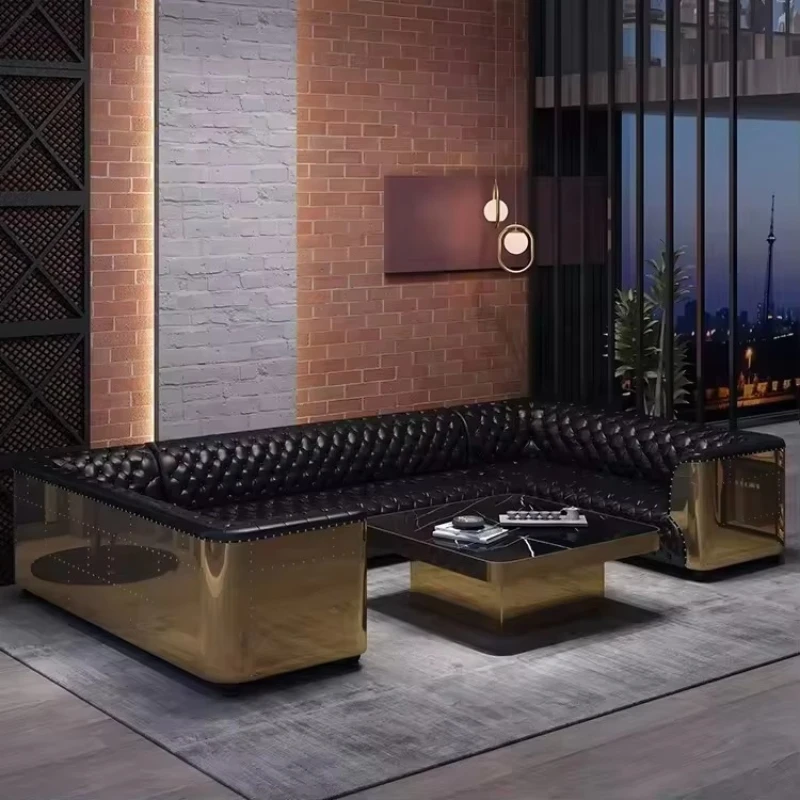 

High quality luxury bar nightclub stainless steel frame leather button U-shaped sofa seat VIP lounge furniture set