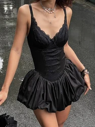 Black Lace Corset Mini Dress Women Sexy V-Neck Sleeveless Backless Slim Puffy Short Dress Elegant Club Prom Evening Party Dress
