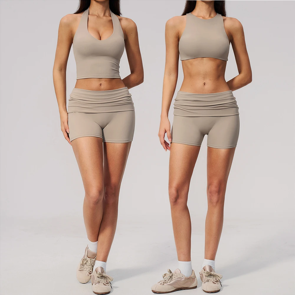 2 Pieces Yoga Suit Women Athletic Wear Gym Clothes Halter Sports Bra Matching Impact Shorts Workout Sets Gym Set Fitness Outfits
