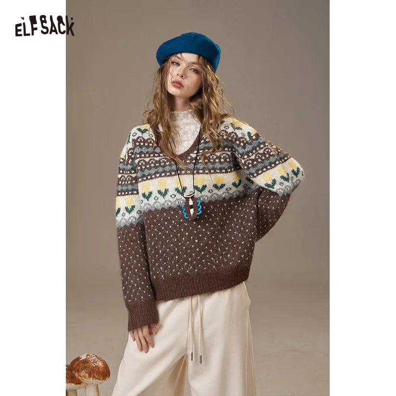 

ELFSACK 2025 Winter New Arrivals Casual Cute Loose Fit V-Neck Polka Dot Cartoon Flower Sweater For Woman
