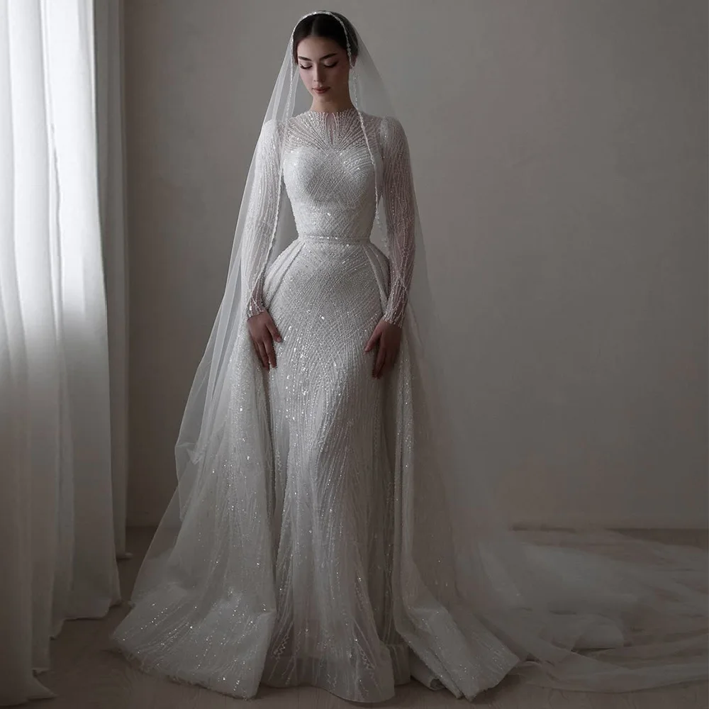 Sparkly Customized Sequined Beading Wedding Dress High Quality Organza Bridal Gowns Classic Long Sleeves V-neck Robe de mariée