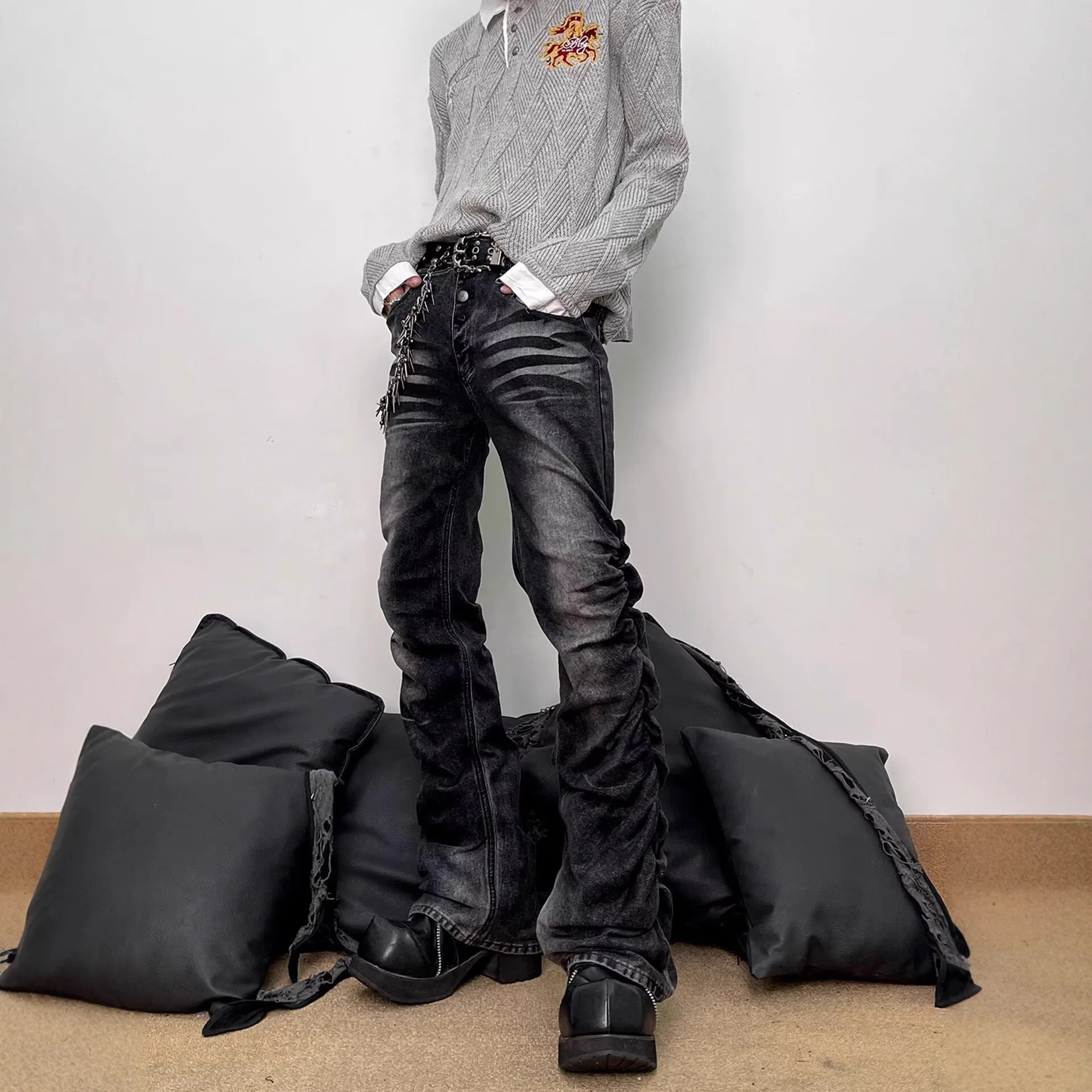 2026 American Retro High Street Breasted Micro-pull Jeans Y2K Style Men's Pleated Scimitar Slim-fit Trousers