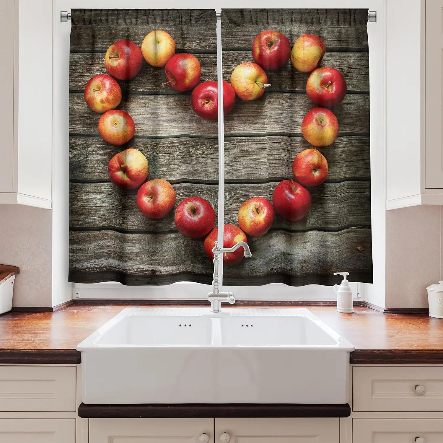 Rustic Kitchen Curtains, Rustic Wooden Surface Fresh Ripe Apples Veggies Fruit Healthy Living Theme, Window Drapes 2 Panel Set