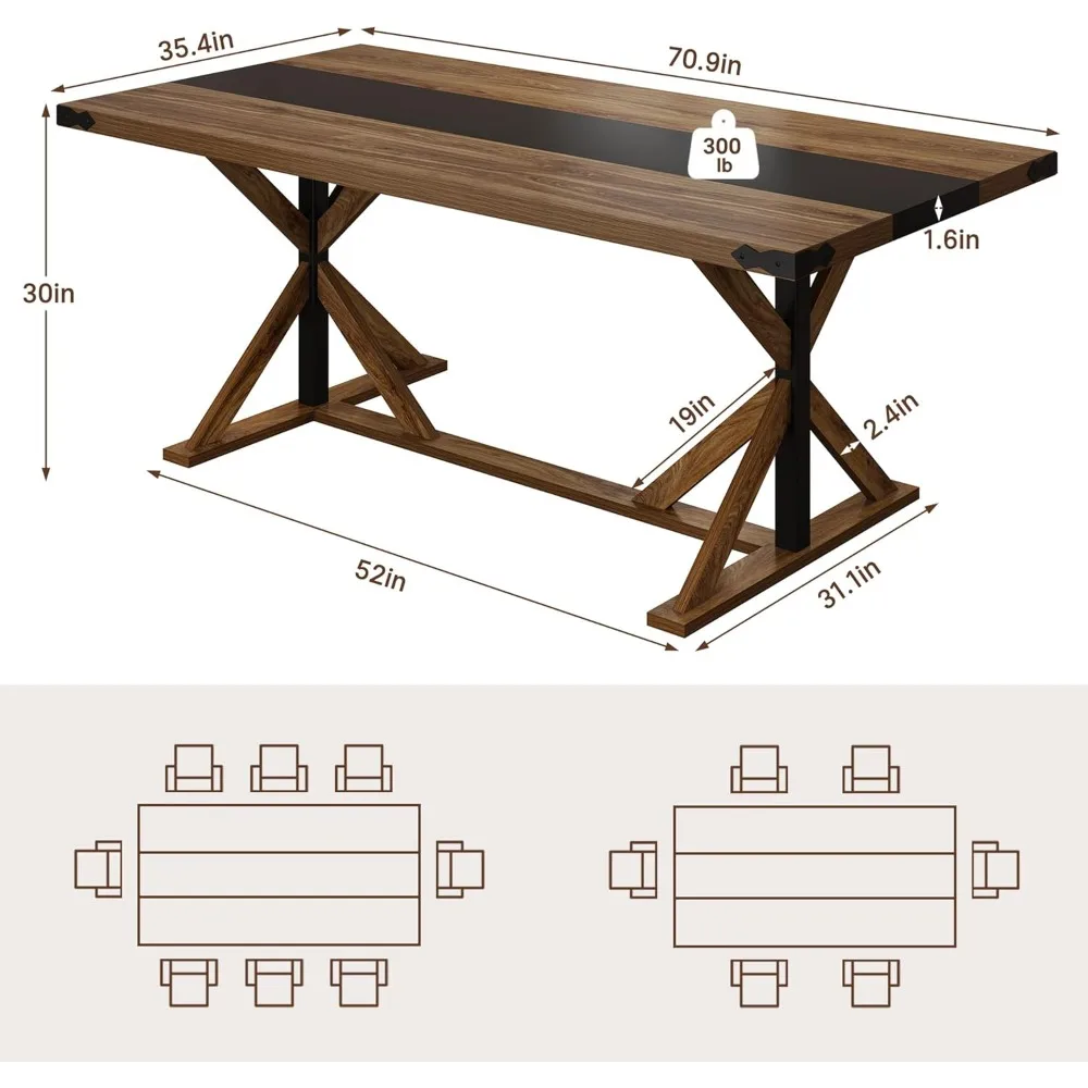طاولة طعام مقاس 71 بوصة تتسع لـ 6 أشخاص، طاولة مزرعة مطبخ مستطيلة مع سطح طاولة خشبي مقاوم للماء بسمك، علامة تبويب طويلة لغرفة الطعام #2