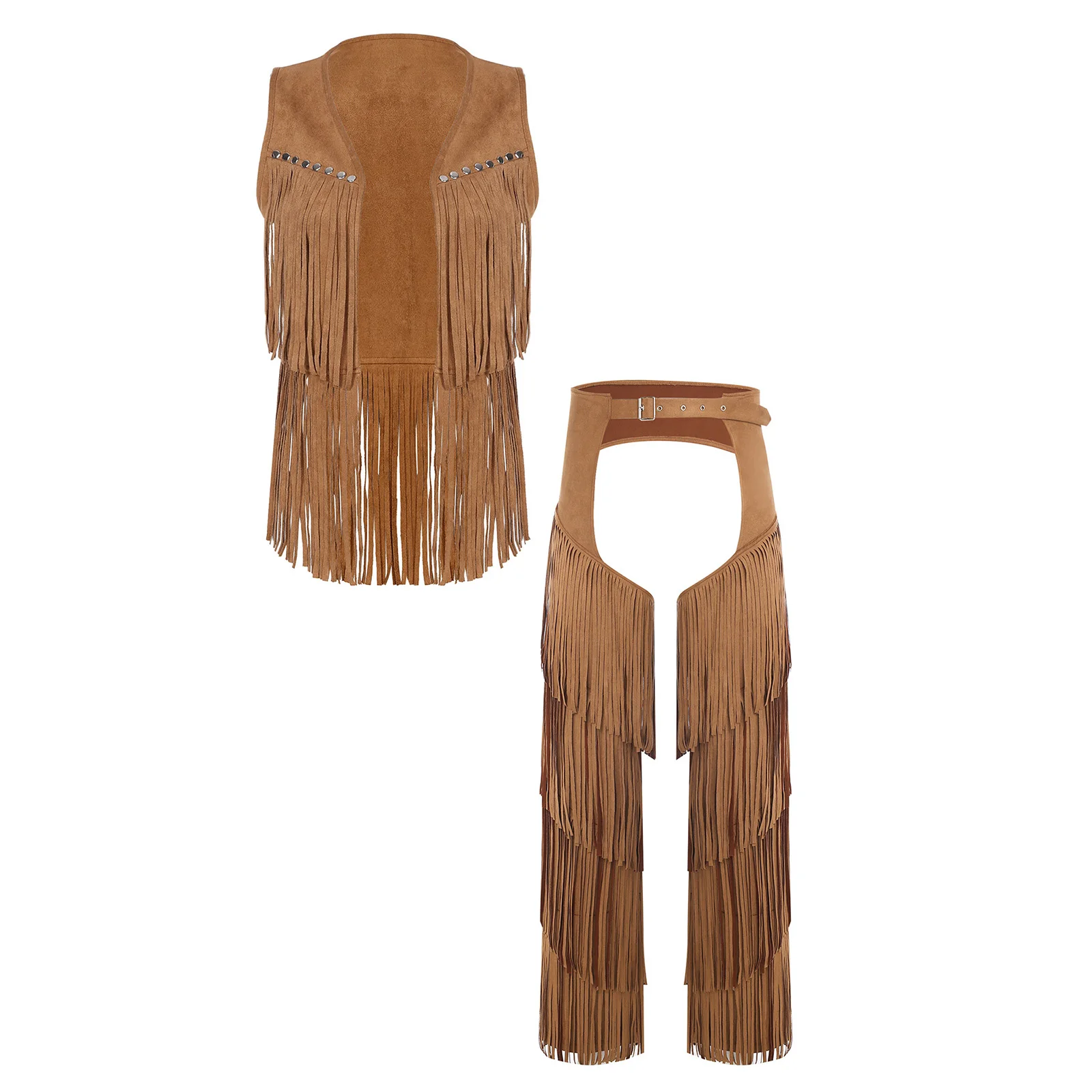

Men Western Cowboy Faux Suede Outfit Tassel Vest And Hollow Crotch Tiered Fringe Pants for Halloween Hippie Cowboy Cosplay Wear