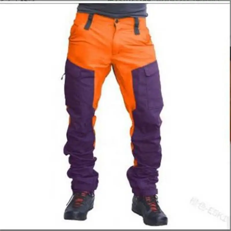 European American Men Slim Fit Cargo Pants Long Outdoor Sports Motorcycle Casual Multi Pocket Color Blocked Trousers