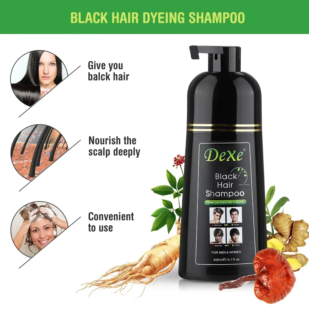 Teinture capillaire semi-permanente, shampoing, couleur noir et marron, couverture rapide, cheveux gris, 400Ml, Ginseng à base de plantes, Essence de plante de gingembre, crème de teinture pour cheveux