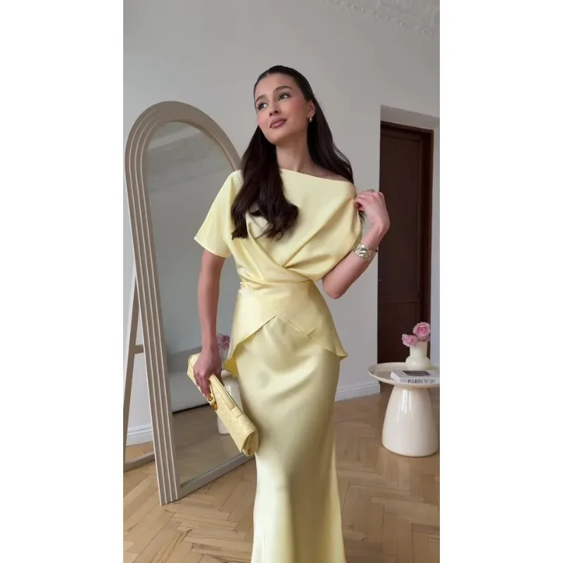 Fashion Yellow Satin Tops Skirt 2 Piece Set Women Lace Up Top High Waist Mermaid Skirt 2025 Summer Sexy New in Matching Suits