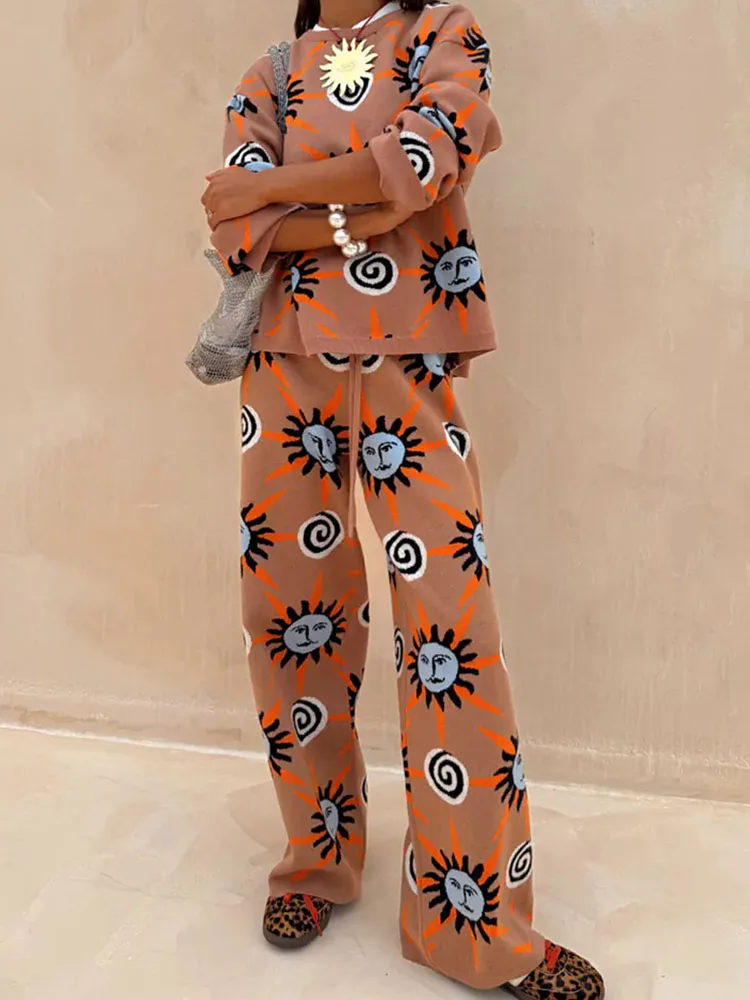 Nuevo Otoño Invierno Casual suelto 3 piezas trajes moda cuello redondo Tops y pantalón largo y cárdigan traje mujer elegante patrón estampado conjunto de felpa