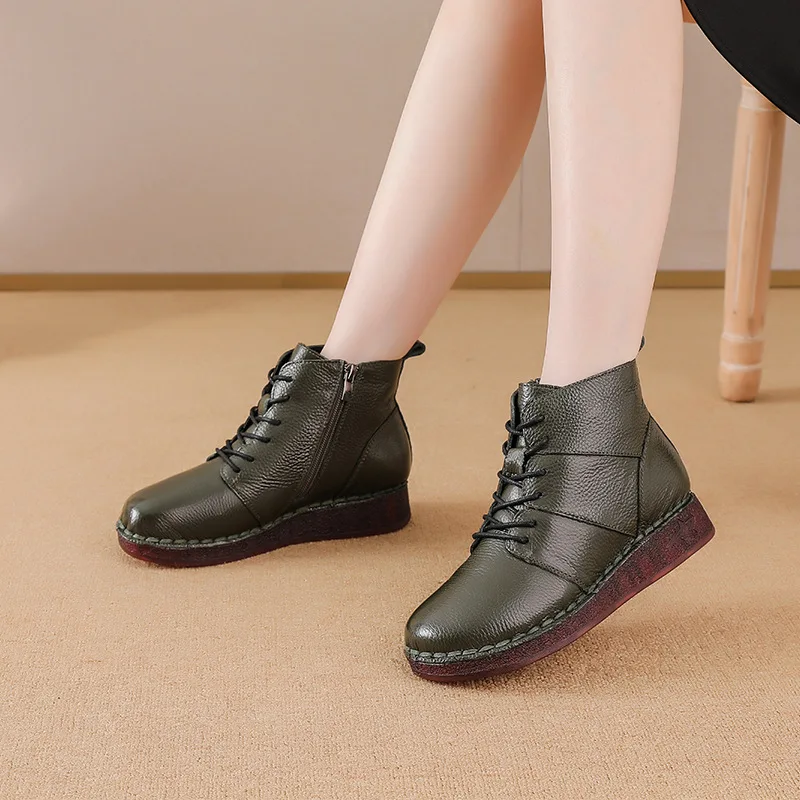 

New winter plush ankle boots woman laced oxford shoes for women winter warm real cow leather booties ladies flat heel short boot