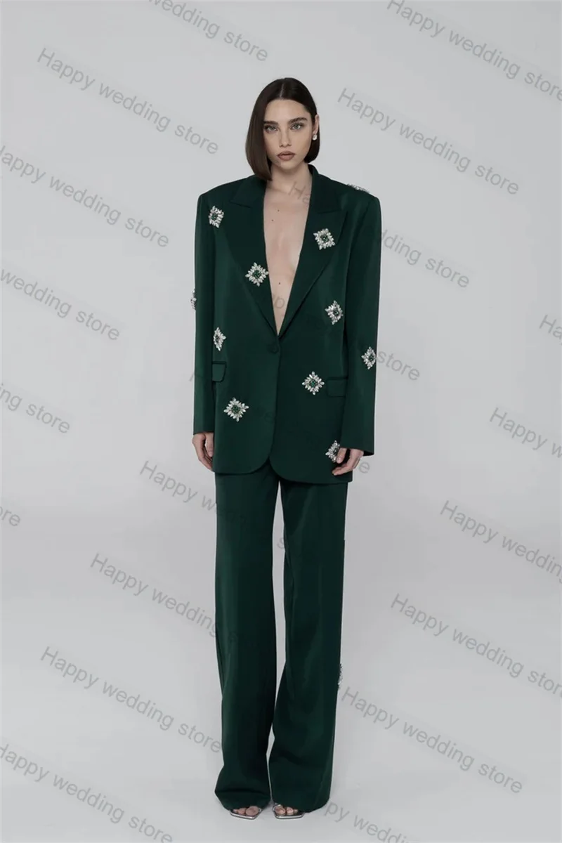 Luxury Feather Crystals Women Suit 2 Piece Blazer+Trousers Formal Office Lady Coat Wedding Tuxedo Dark Green Tailored Size Pants