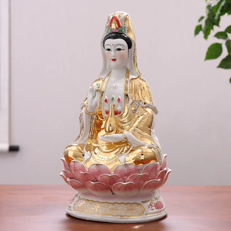 Golden Lotus Sitting Avalokitesvara Bodhisattva Ceramic Buddha Statue Nanhai Guanyin Home Offering Feng Shui Auspicious Ornament
