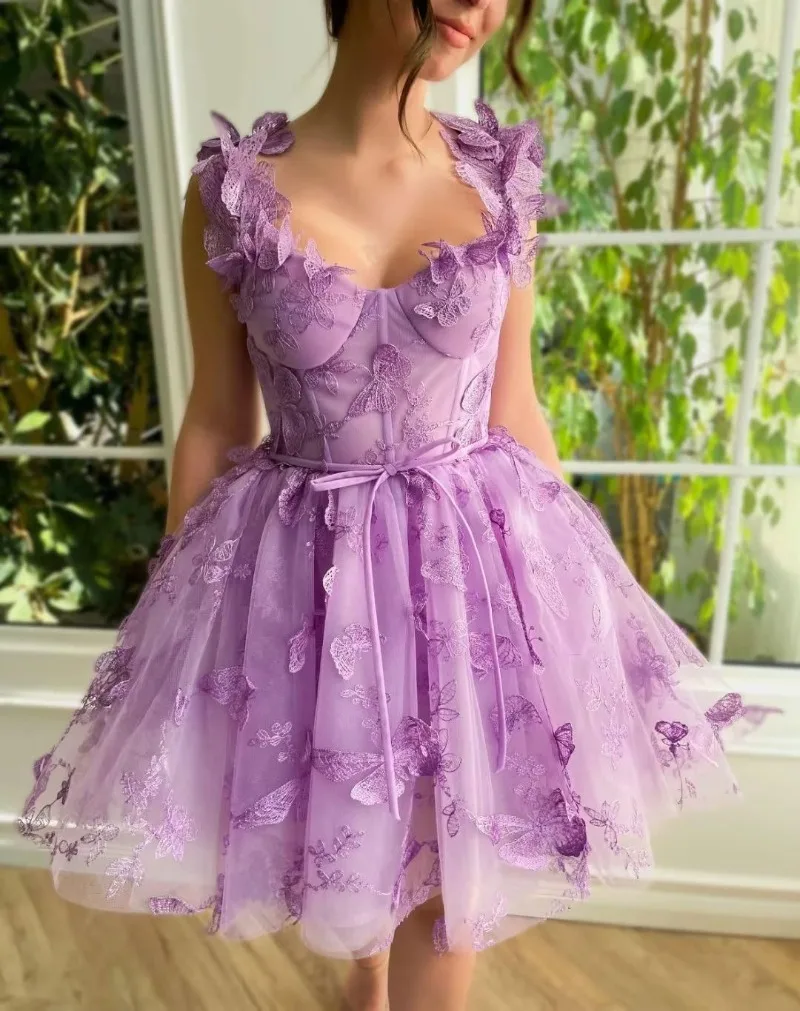 CustomizedPurple Three-dimensional Butterfly Prom Dress Mini Spaghetti Straps Short Homecoming Fairy Lace Up Slim Waist Vestidos