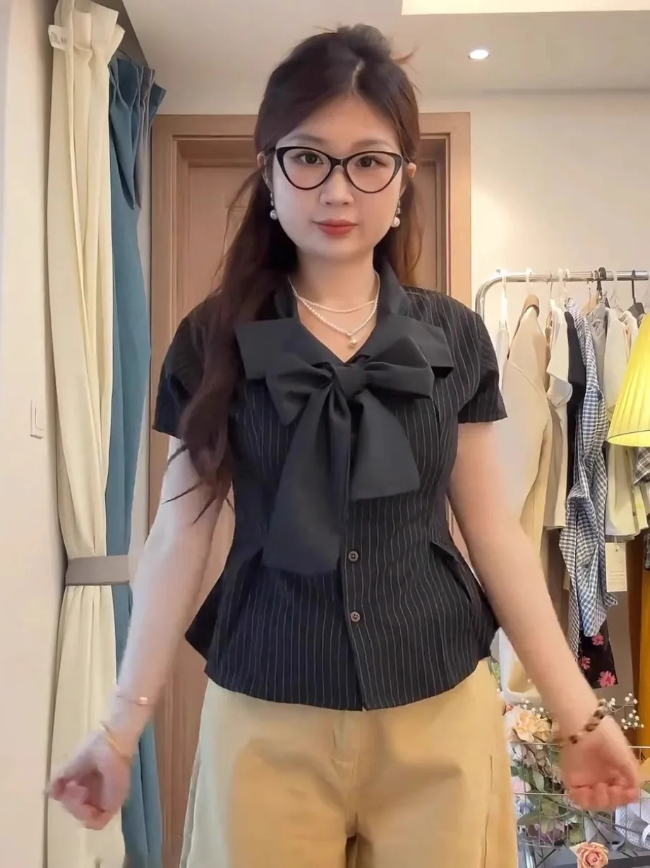 Ele Knot ort Sve irt Damen Faion Schlankheitsstreifen-Top Korean Sle Commute Wind Plus Size Big MM