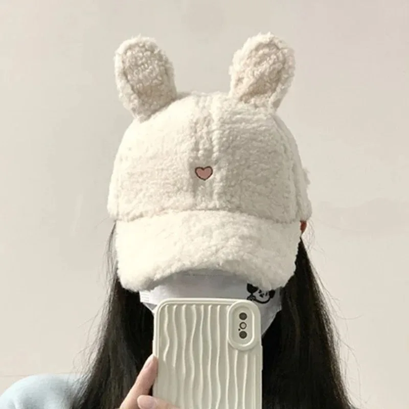 New Fashion Versatile Warm Pure Color Cute Lamb Plush Little Rabbit Hat