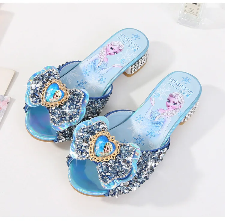 Disney Kids Sandals High Heel Slippers Summer Fashion Pink Blue Girls Shoes Indoor Outdoor Non-slip Princess Diamond Shoes