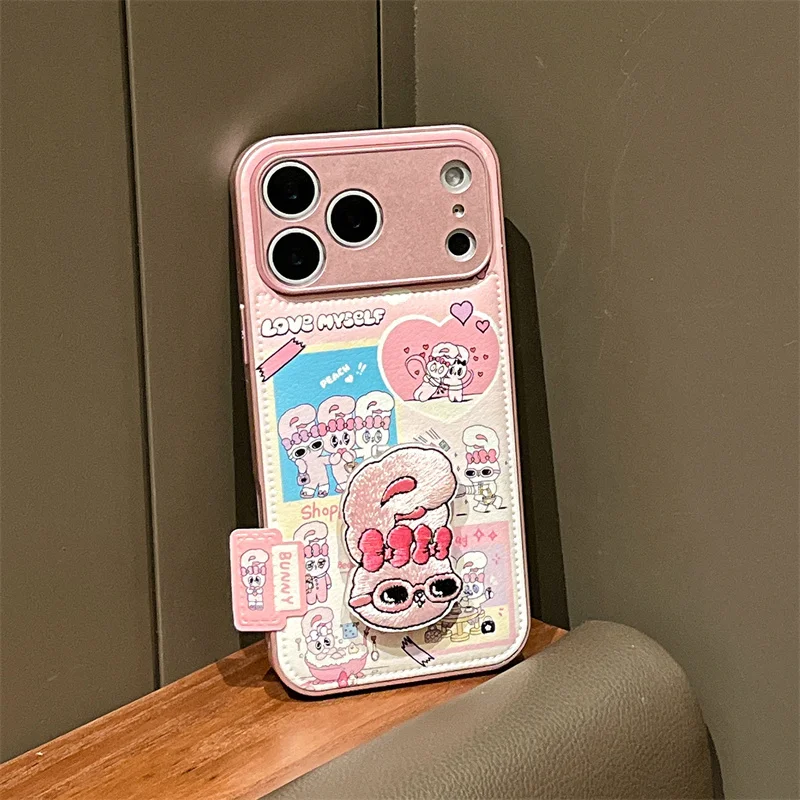 الكورية لطيف الوردي أرنب قضية الهاتف آيفون 17 برو 16 15 14 برو ماكس غطاء مع حامل حامل للصدمات واقية ل Gi