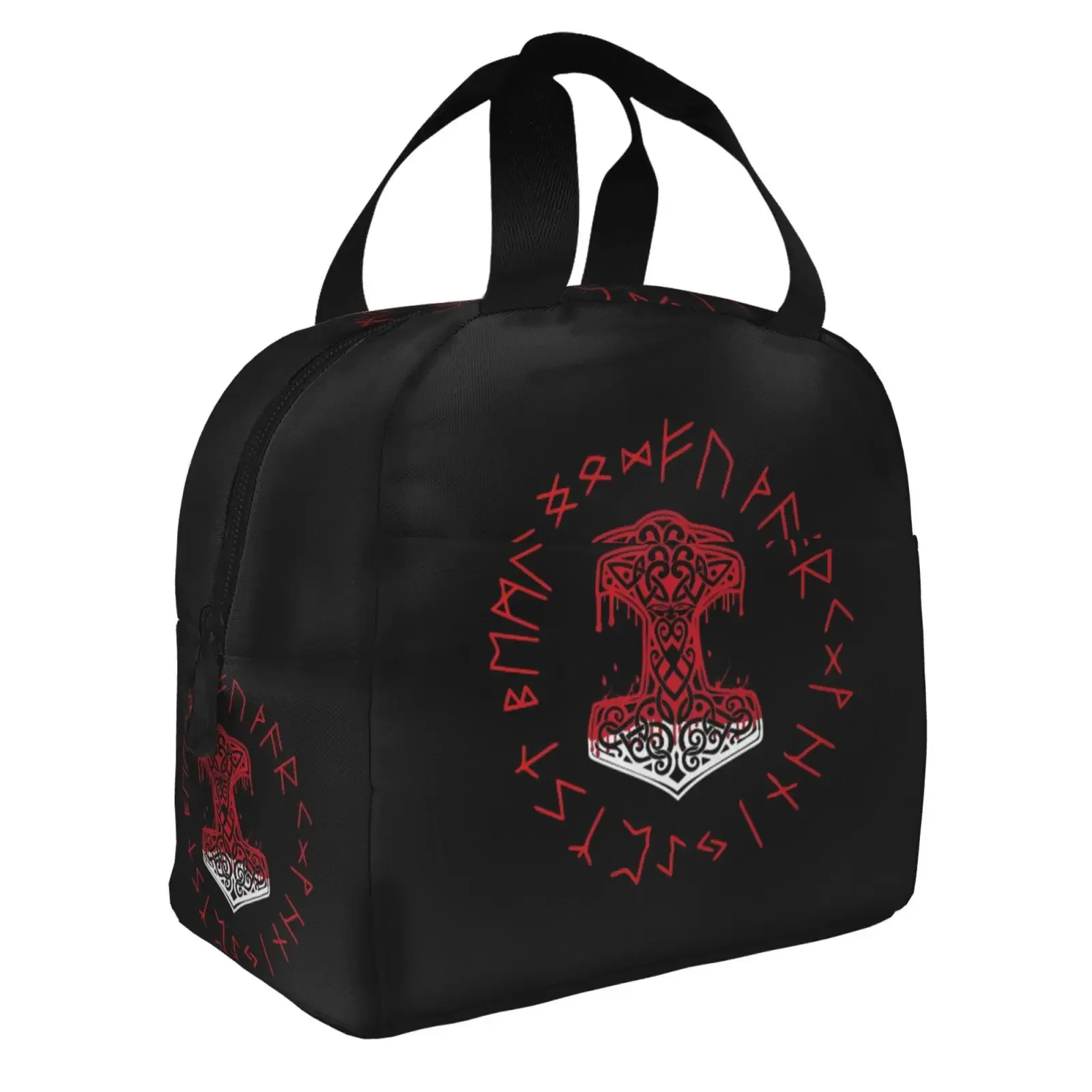 Vikings Hammer And Rune Wheel Norse Mythology Symbol Lunch Bag Portable Reusable Thermal Oxford Tote Bag For Work School Travel