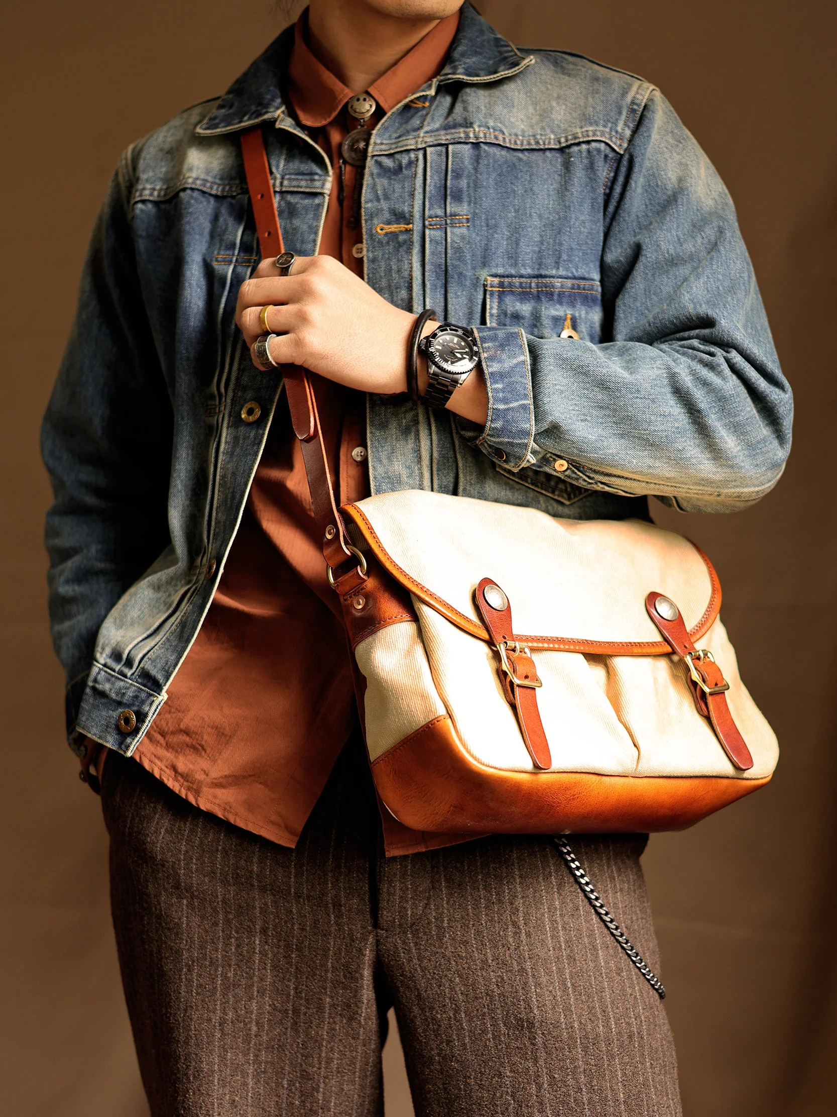 

American Retro Handmade Leather Bike Menger Bag Top Layer Cowhide Single oulder Canvas Bag Casual Crossbody Bag