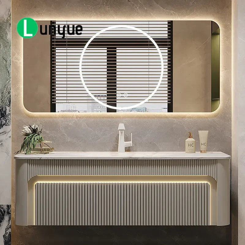 Rock Slab Hot Bending Integrated Basin Bathroom Cabinet Combined Washstand Face Sink Vanity Unit for Modern Bathroom