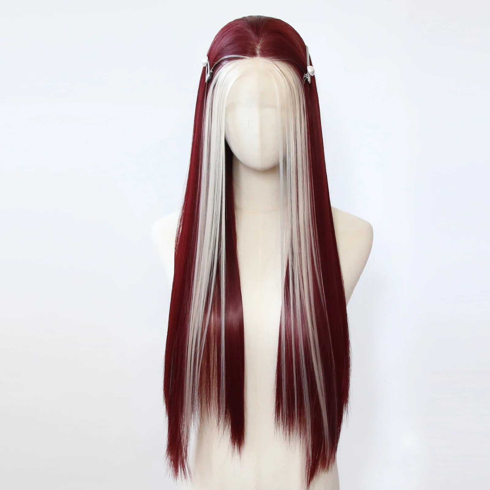 

Platinum Blonde Highlight Dark Red Synthetic Lace Front Wig Long Straight Lace Front Synthetic Wig Pre Plucked Natural Hairline