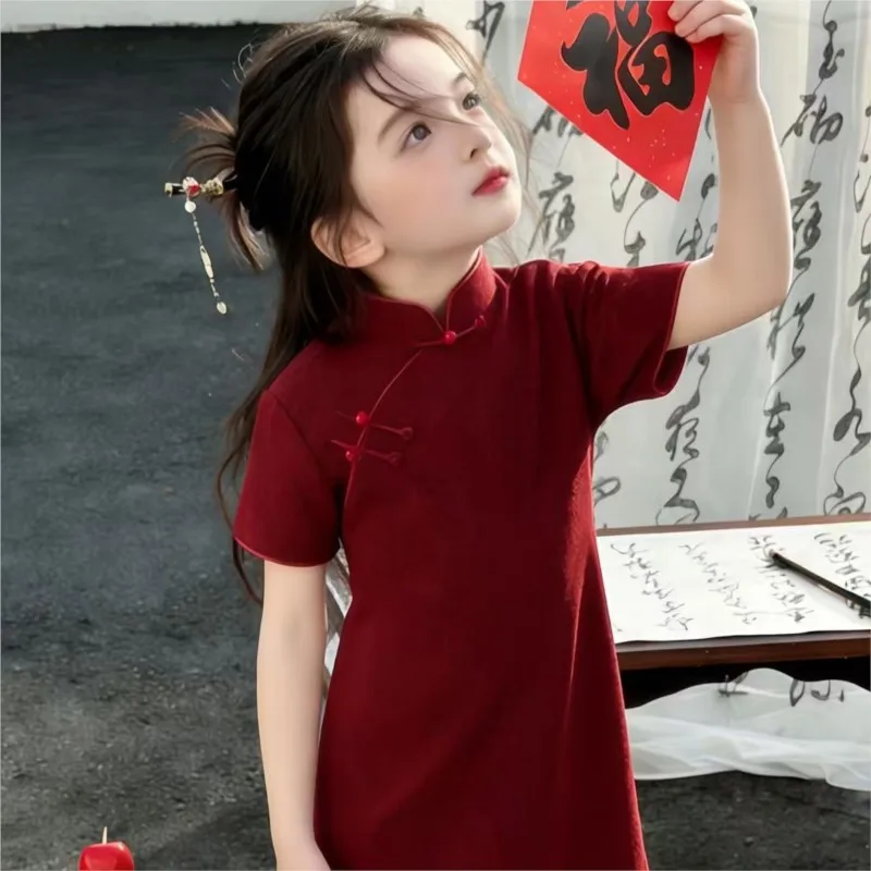 2026 Girls' Short Sleeved Cheongsam Skirt Summer Children's Chinese Improved Qipao Dress Kids' Red Retro Performance Dress LJ622