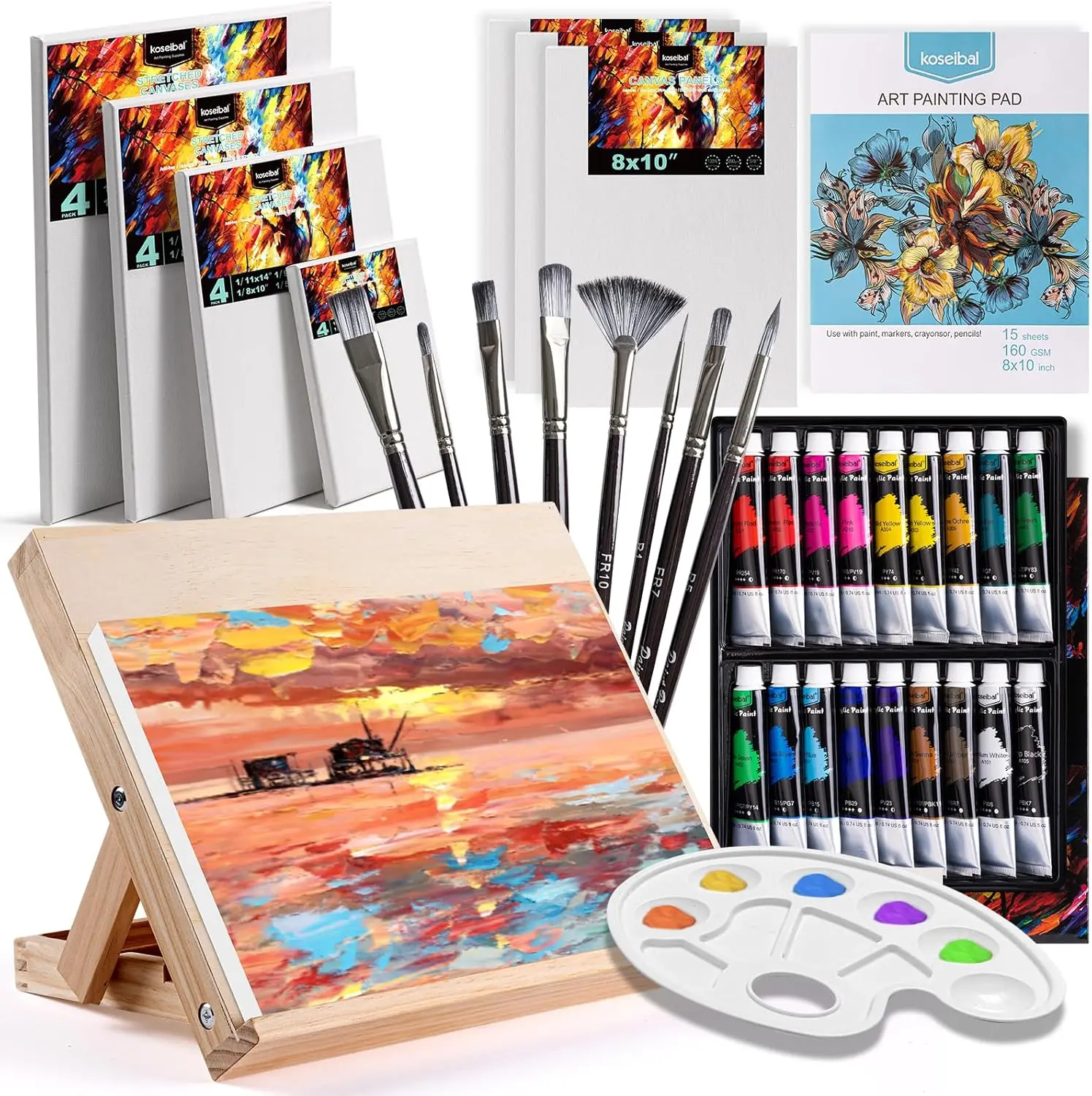 

Acrylic Art Set with 18 Acrylic Paints, 8 Brushes, 4 Stretched Canvas, 1Wooden Easel, Etc, Premium Painting Supplies Ki