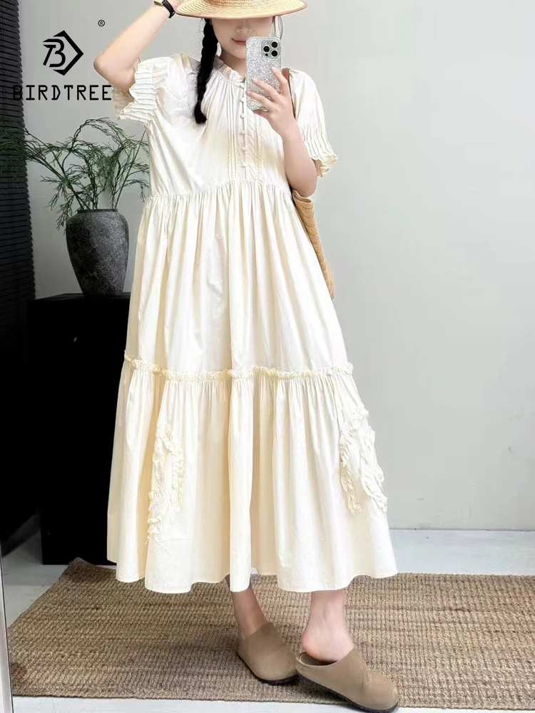 

New 2026 Summer Women Cotton Half Sleeve Dresses, Ruffled Buttons, Mori Girl French Princess Style Sweet Loose Dress D65233CC