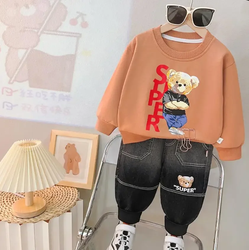 Estilo coreano roupas para bebês meninos conjunto de roupas dos desenhos animados urso o-pescoço manga longa camisetas e calças da criança crianças bebe fatos de treino