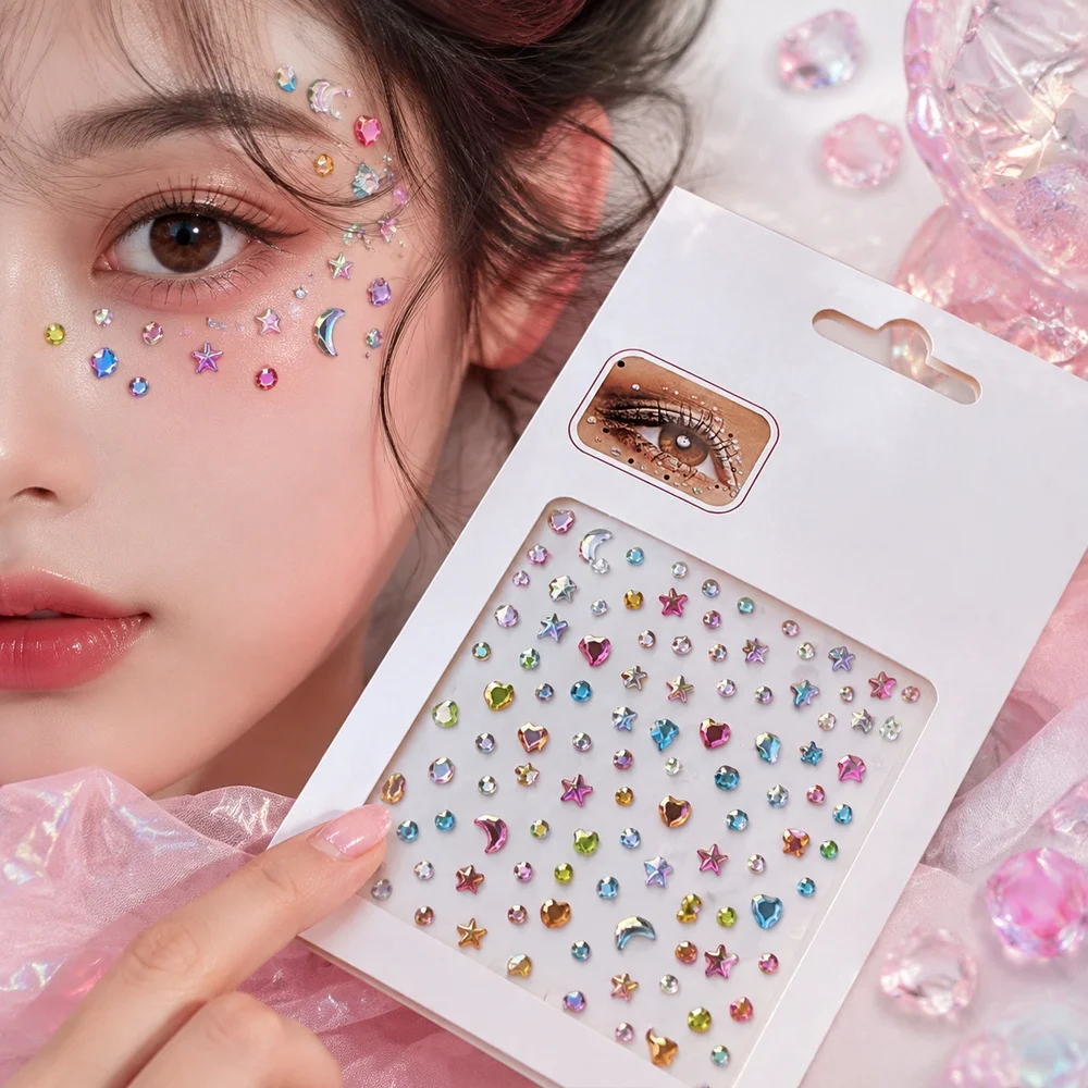1Pc Self‑Adhesive Moon Star Heart Crystal Face Sticker Shiny Rhinestone Gem Decal For Carnival Party Cosplay Makeup Ornament