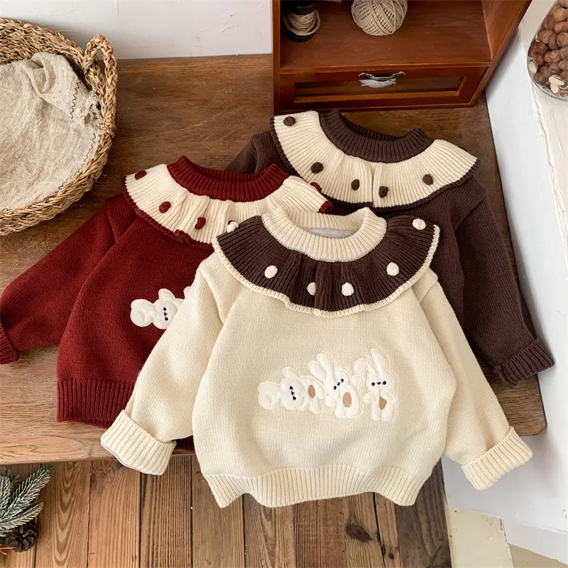 Autumn Winter 1-6Y Girls Sweater Velvet Peter Pan Collar Toddler Baby Girls Pullover Cartoon Rabbits Thicken Kid Girls Warm Tops