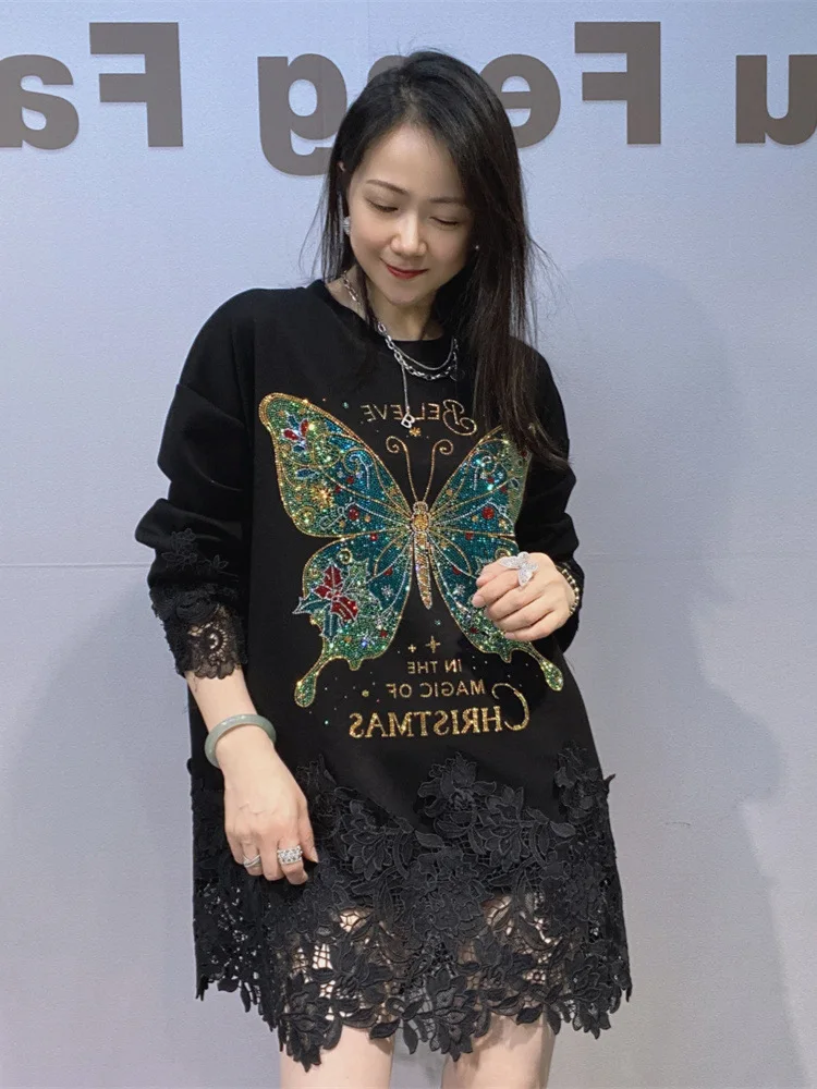 

Women's Brushed Loose Long Sleeve Top 2025 New Autumn Winter Lace Patchwork Rhinestone High Neck Top Trendy Oversized T Shirt