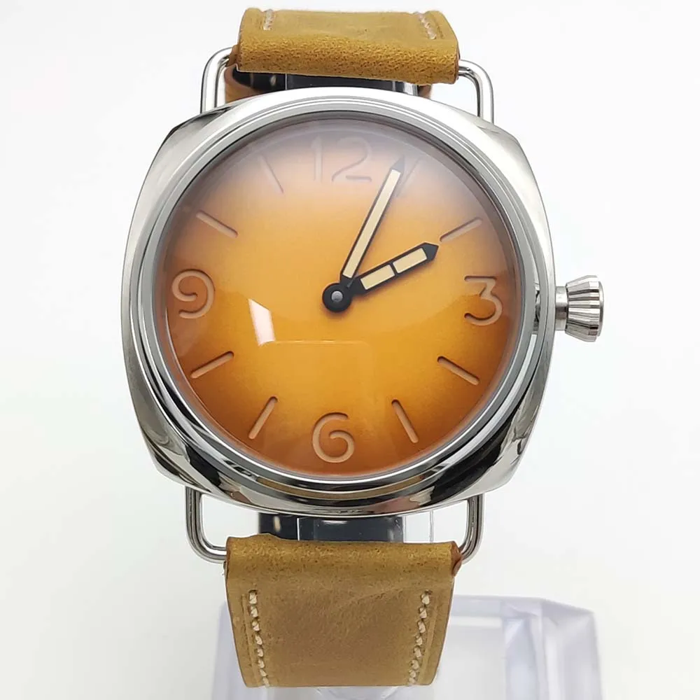 

45mm Classic Men's Casual Vintage Mechanical Watch Green glow-in-the-dark leather strap High hardness transparent back cover