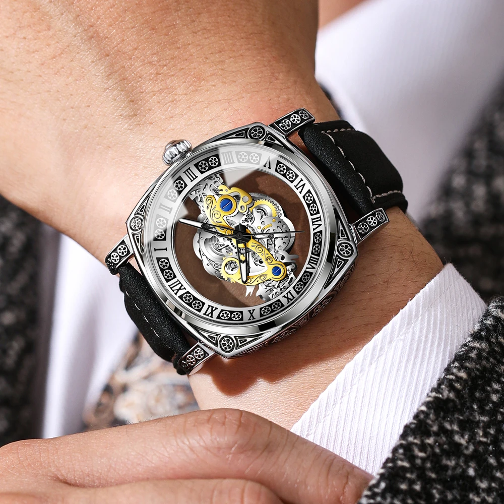 BINBOND New Men Watch Skeleton Quartz Wristwatch Hollow Skeleton Retro Man Clock Top Brand Luxury Clock Men Watches Reloj Hombre