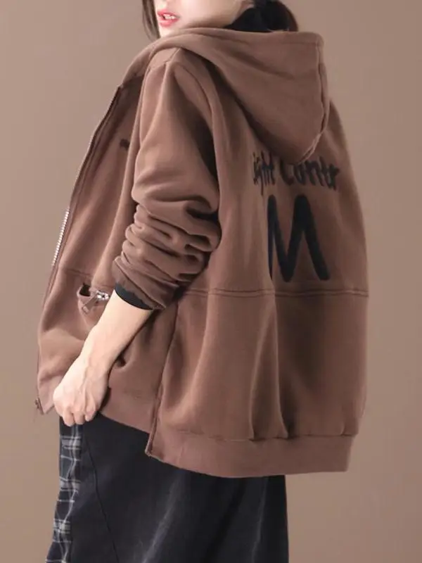 

Ladies Large Size Fce Lined Hoodie Casual Warm Outerwear Organic Cotton Long Sve Zipper Closure Coat for Autumn Winter