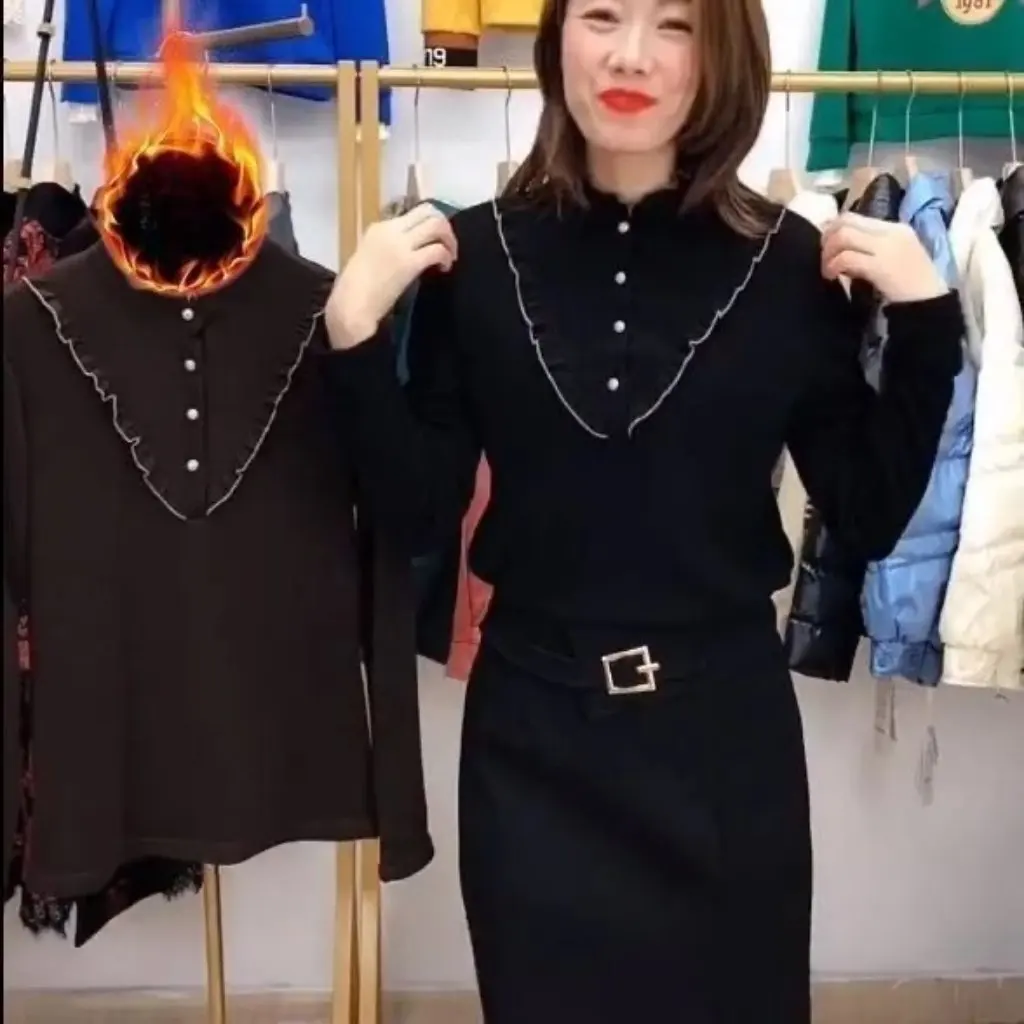 

Женская футболка с длинными рукавами из утолщенной сетки на флисовой подкладке, осенне-зимняя однотонная базовая рубашка с пряжкой по краям ушей для больших размеров