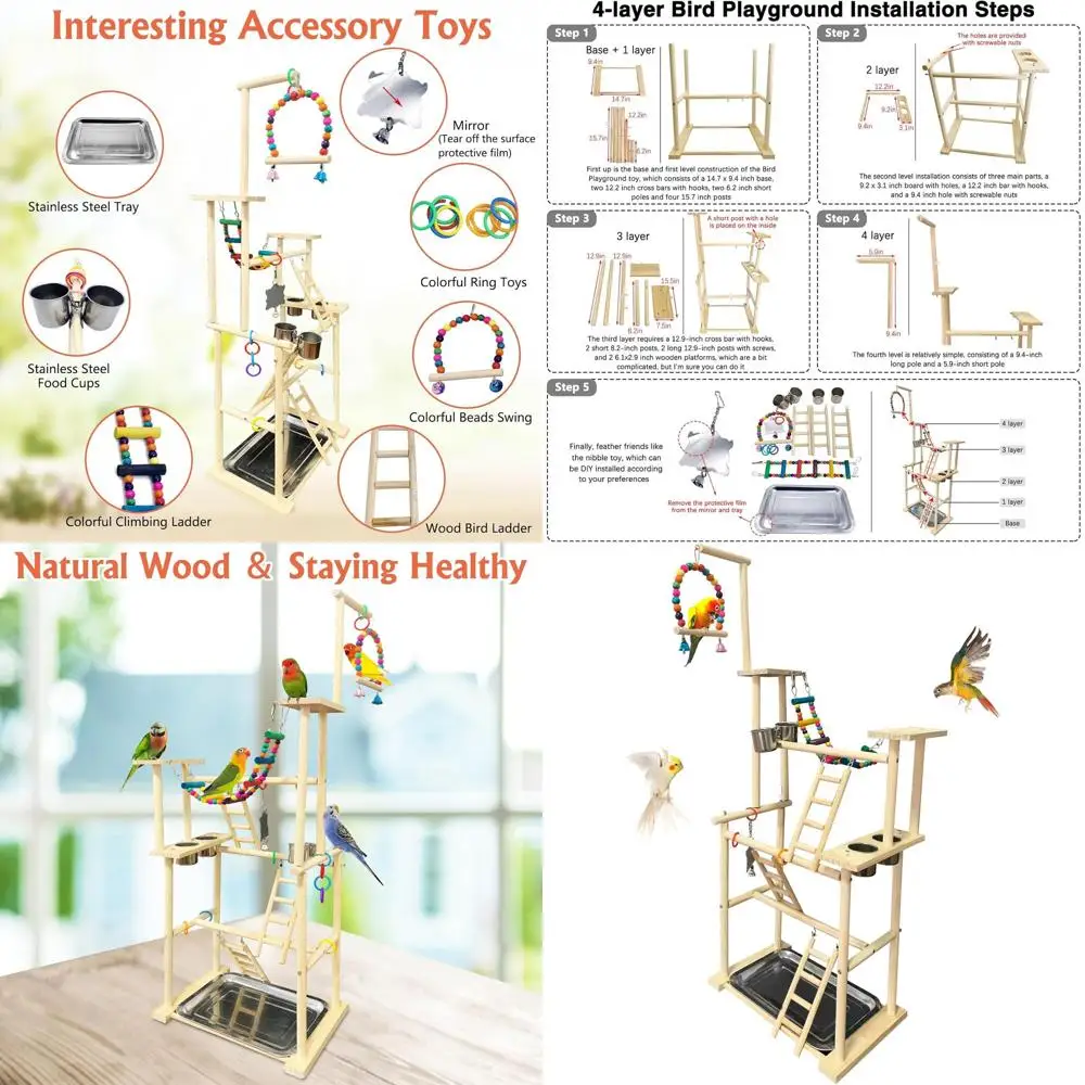 

Подставка для игровой площадки для птиц из натурального дерева с 4 большими слоями — тренировочный окунь для попугаев, корелл и маленьких птиц в помещении для птиц