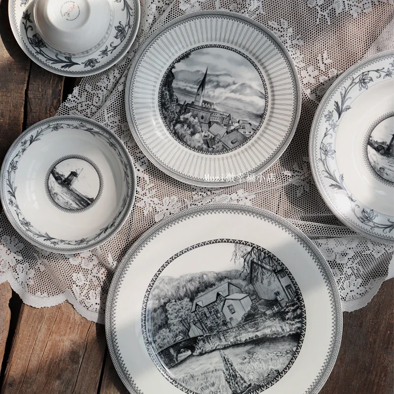 

New European Pastoral Style Bone Porcelain Dining Black Plate Western Food Plate Home Soup Plate Set Christmas Day Free Shipping