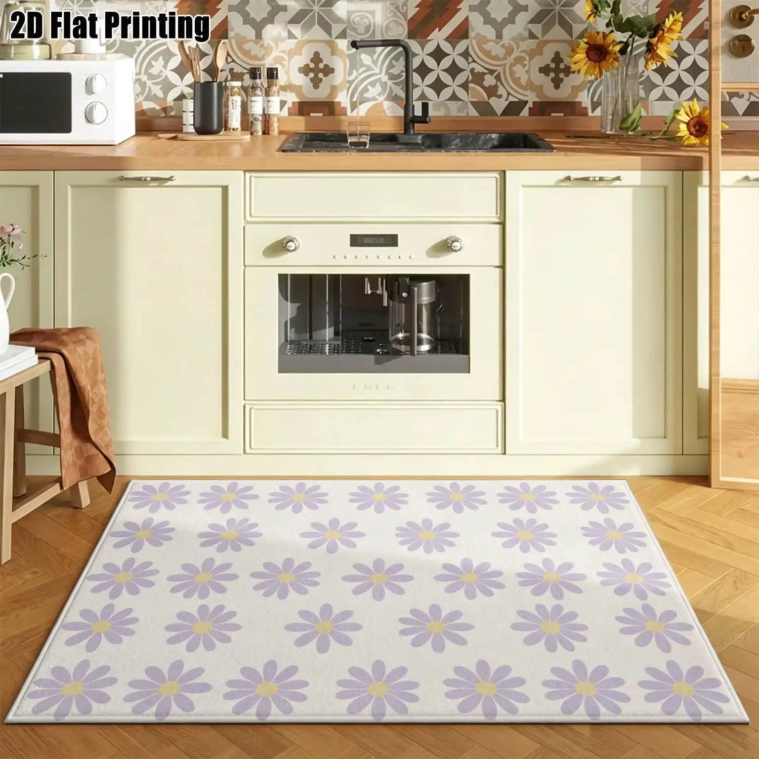 1Pc 2D Printed Light Purple Daisy Pattern Instagram-Style Minimalist Carpet, Multi-Size, Machine Washable, Suitable for Entrance, Dining, Bedroom, Study, Living Room