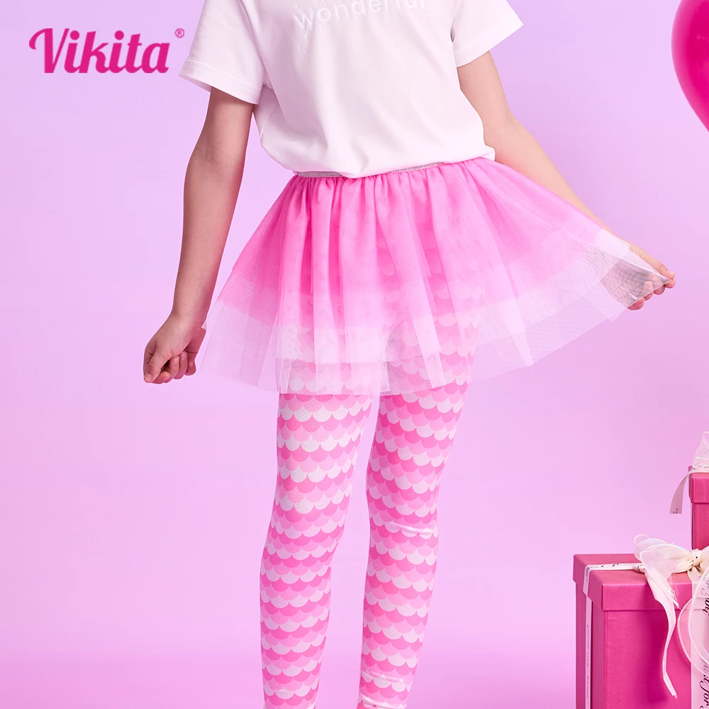 

VIKITA Kids Striped Polyester Pink Leggings with Mesh Tulle Tutu Skirts Fake 2 Pcs Girls Princess Party Casual Daily Trousers