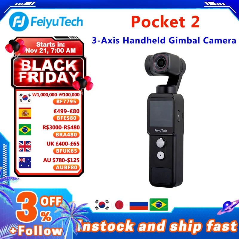 FeiyuTech Feiyu Pocket 2 Genggam 3 Sumbu Gimbal Stabil 4K Video Kamera Aksi dengan Mikrofon 130 ° Tampilan 12MP Foto 4 X Zoom