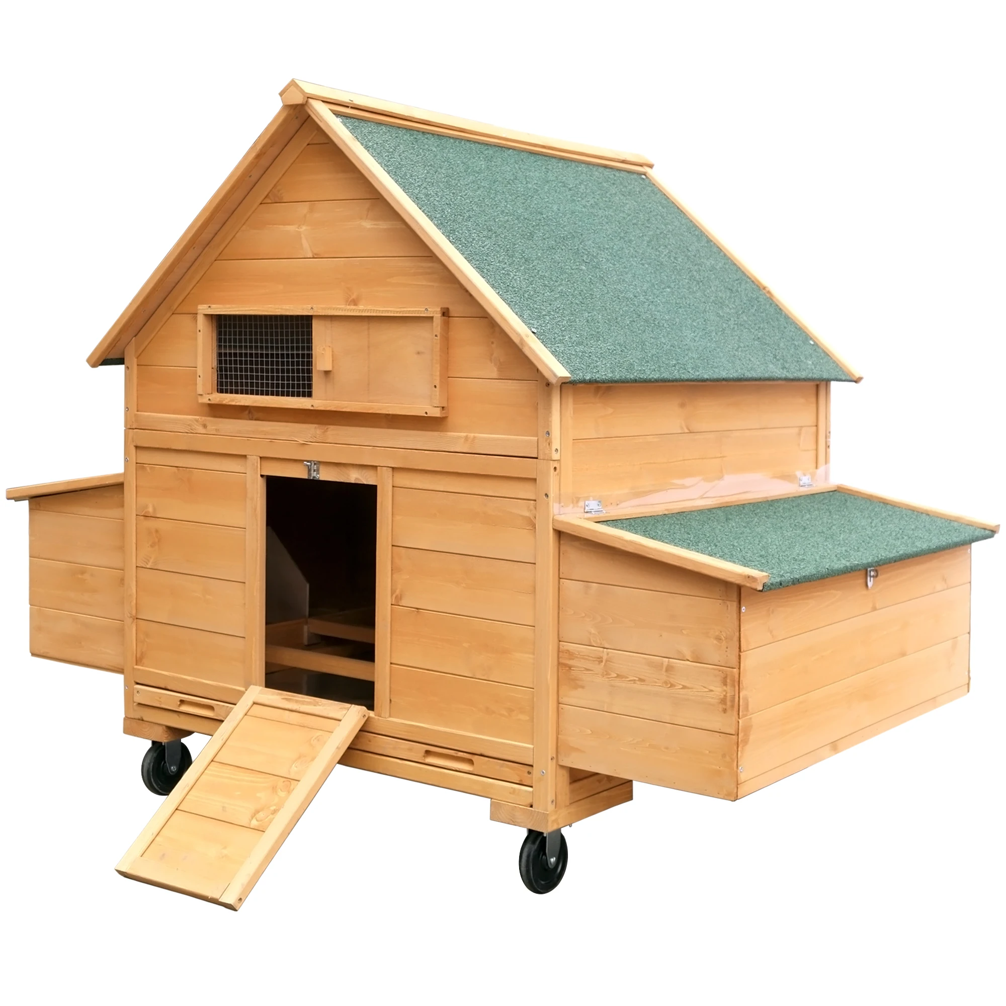 

Chicken Coop on Wheels, Large Mobile Wooden Hen House for 6-8 Chickens, Outdoor Poultry Cage with Nesting Box