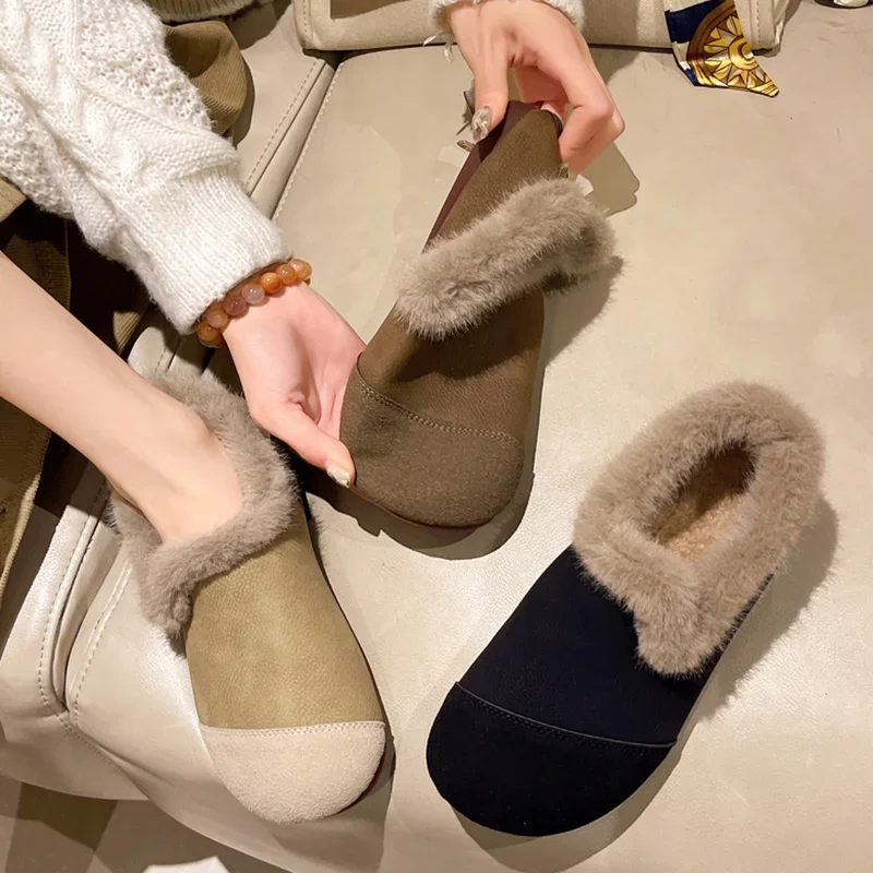 Mocassini chic in pelliccia di visone Scarpe invernali in cotone femminile Donna Solido Comodo Mocassini in shearling Caldi appartamenti in peluche Donna Plus Size 35-40