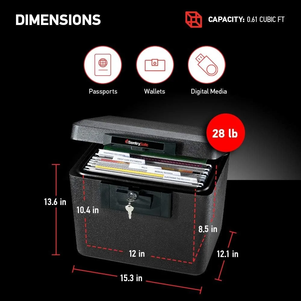 Black Fireproof Document Box with Key Lock, Safe Secures Files and Documents for Home or Office, 0.61 Cubic Feet